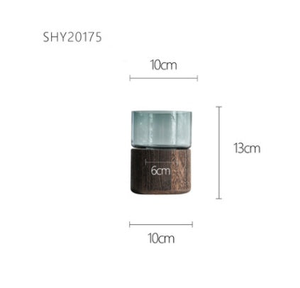 Size chart of glass vase with dark walnut wood base, marked 10 cm diameter and 13 cm height – Pausadesk