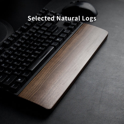 Walnut keyboard wrist rest in front of a mechanical keyboard