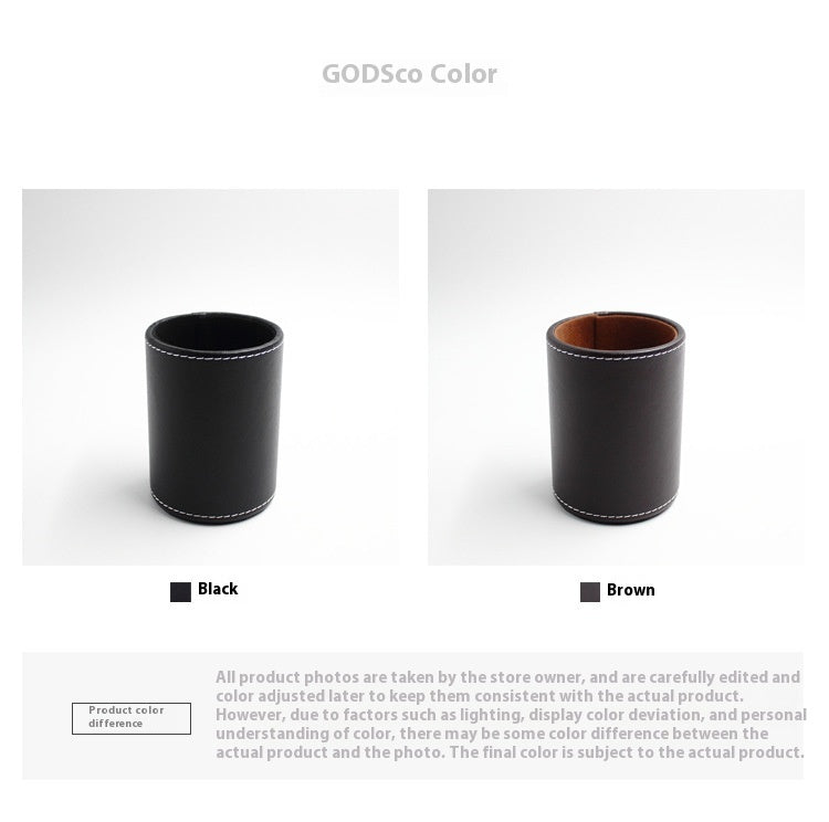 Round leather pen cup shown in black and brown color options on a white studio background – Pausadesk