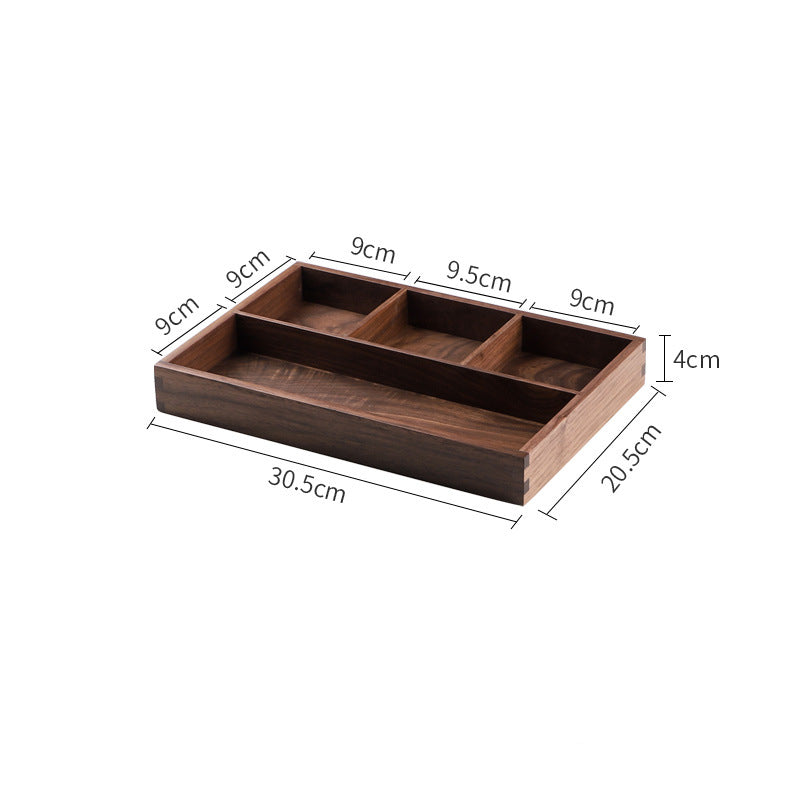 Dimension diagram of the walnut divided desk box showing 30.5cm x 20.5cm x 4cm – Pausadesk
