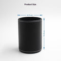 Black leather pen cup with dimension lines showing 8 cm diameter and 10.8 cm height – Pausadesk