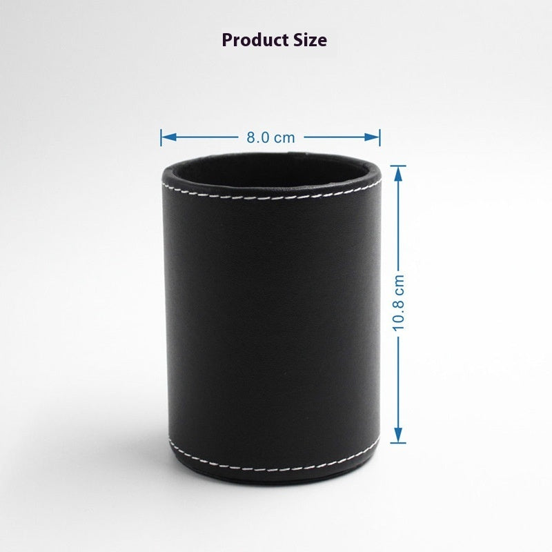 Black leather pen cup with dimension lines showing 8 cm diameter and 10.8 cm height – Pausadesk