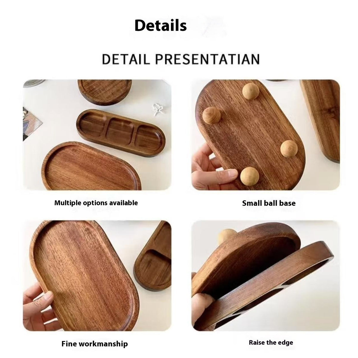 Detail collage of walnut jewelry trays showing ball feet, raised edges and smooth finish – Pausadesk