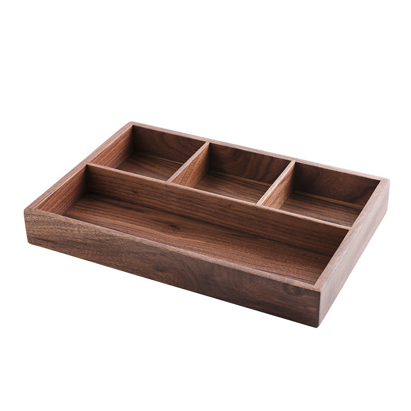 Dark walnut divided storage box with four compartments on a white background – Pausadesk
