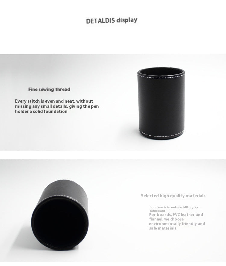 Black leather pen cup standing and lying to show interior, with stitching detail text – Pausadesk