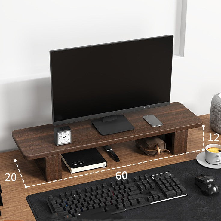 Solid walnut monitor riser lifting a screen with shelf space below