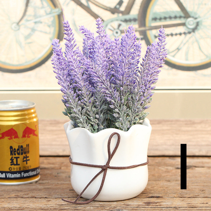 Lavender sprigs in white ribbed pot with brown cord tie on wooden table – Pausadesk